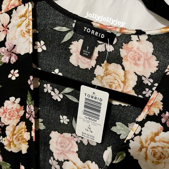 Torrid Black Floral Crepe Tie-Front Kimono 1X - Picture 6 of 11